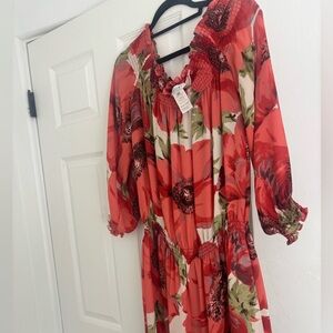 Celine Red and Green Floral Silk Dress